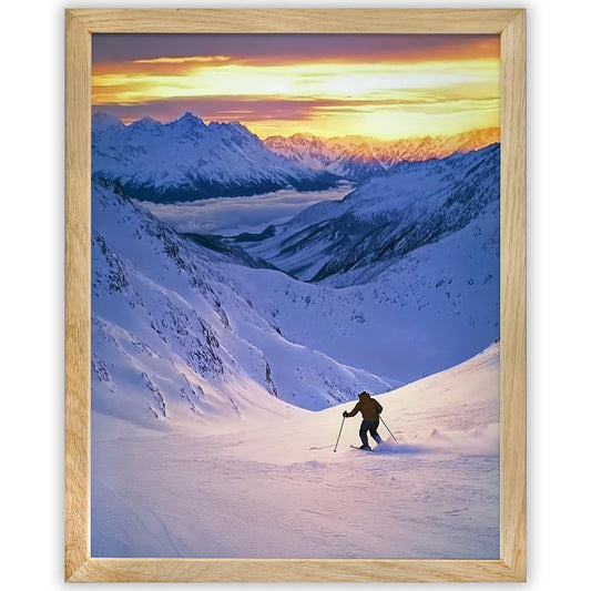 Morning Run - Skiing Downhill While Sun Rises 11x14 Framed Print, Ski Resort, Mountain Ski Lodge Wall Decor, Winter Sports Poster, Vibrant Snowy Landscape, Skiing Adventure Art, Outdoor Sports Print