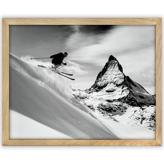 Matterhorn Air Alpine Skiing Photography 11x14 Framed Poster - Extreme Skiing Black & White Art - Iconic Matterhorn Mountain, Dramatic Skiing Landscape, Great For Ski Resorts & Alpine Lodges Décor
