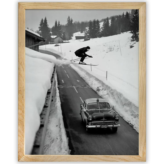 The Escape - Skier Jumping Over Car 11x14 Framed Print, Vintage Ski Poster, Retro Black-and-White Winter Sports Wall Art, Ski Cabin Decor, Mountain Ski Resort & Cabin Decor, Classic Skiing Action
