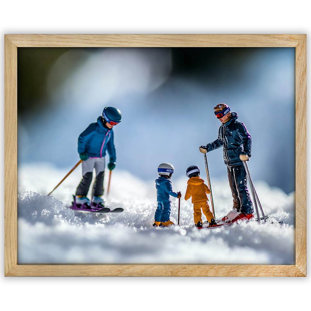 Learning to Ski - Miniature Figures on Snow 11x14 Framed Print, Fun Winter Sports Art, Tiny Skiers Winter Scene, Skiing Family Poster, Kids Room Decor, Ski Lodge & Cabin Decor, Gift for Skiers