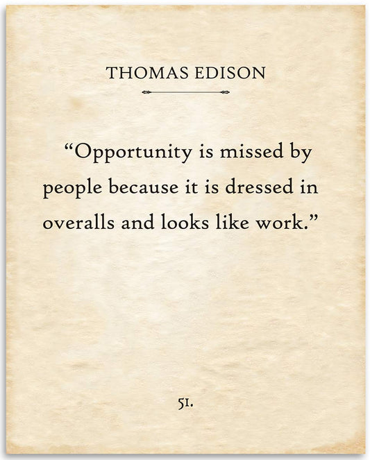 Thomas Edison - Opportunity is Missed By People - Classic Life Quote Inspirational Decor, Motivating Office Display, Vintage Book Page Print, Literary Gift Idea, 11x14 Unframed Typography Art Poster
