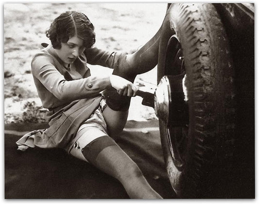 Retro Pin-Up Art with Prohibition Flair for Man Cave or Bar Decor - Black and White Photograph -Hot Flapper Mechanic Vintage Garage 11x14 Unframed Poster - Also for Bachelor Pads with Garage Vibes