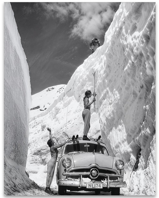 Vintage Snow Canyon Photo - Women & Classic Car in Ski Scene 11x14 Unframed Poster – Retro Black-&-White Skiing Wall Art, Winter Adventure Ski Resort Decor, Apres Ski, Cabin Lodge Gifts for Ski Lovers