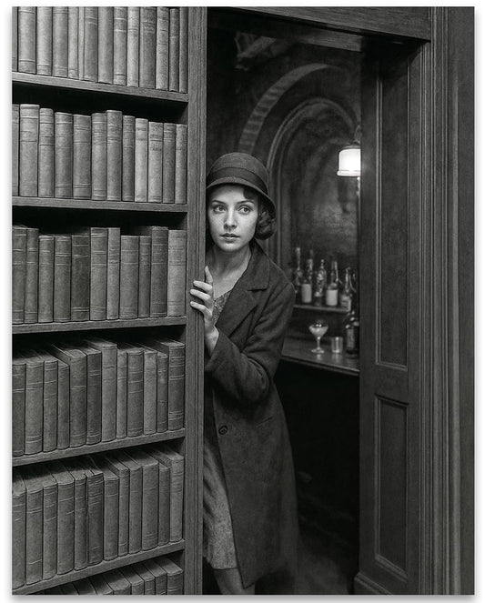 Whiskey Hidden Room 11x14 Unframed Poster – Vintage Speakeasy Prohibition Wall Art, Flapper Noir Hidden Bar Photo, Black and White Retro Lounge Decor for Office, Bar, Man Cave, or 1920s Mystery Lovers