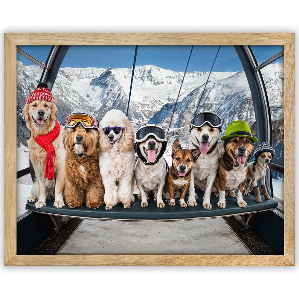 First Chair Ski Lift Dog 11x14 Framed Poster - Winter Dogs Art Print, Funny Skiing Dog Wall Art, Snowy Mountain Dog Decor, Cute Dog Group Poster, Skiing Adventure Dog Art, Dog Lovers Winter Wall Art