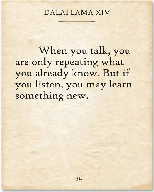 Dalai Lama - When You Talk - Inspirational Quote Wall Art for Home, Office, Classroom, and Library, Classic Book Page Print for Literature and Book Lovers, 11x14 Unframed Typography Art Print Poster
