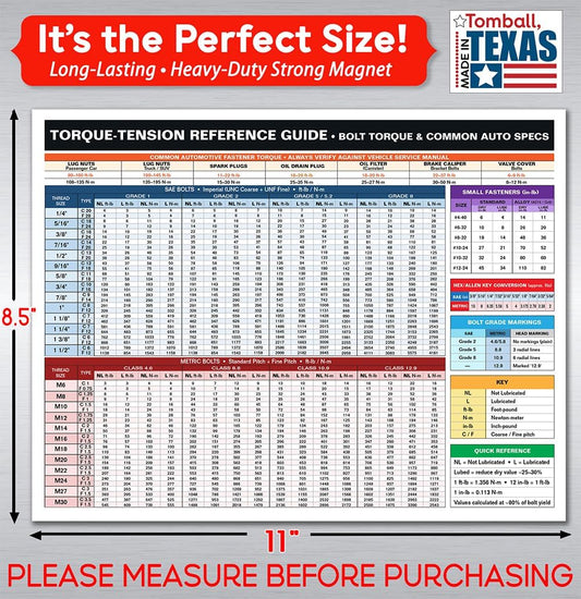 Lone Star Art Torque-Tension Reference Guide Magnet 8.5x11 Bolt Torque Chart Auto Specs for Tool Box Garage Workshop Mechanic Shop Cabinet Fastener Lookup Automotive Repair Accessory (Pack of 1)