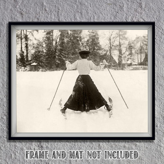 Vintage Lady Skier 11x14 Unframed Poster - Black-&-White Winter Photograph, Retro Ski Print, Victorian-Era Woman Skiing, Rustic Ski Resort Decor, Nostalgic Historical Sportswoman Art for Cabin, & Dorm