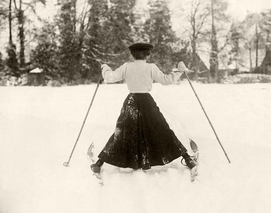 Vintage Lady Skier 11x14 Unframed Poster - Black-&-White Winter Photograph, Retro Ski Print, Victorian-Era Woman Skiing, Rustic Ski Resort Decor, Nostalgic Historical Sportswoman Art for Cabin, & Dorm
