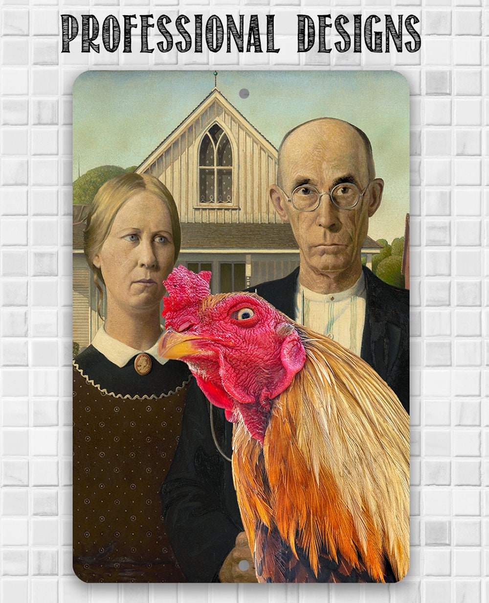 American Gothic Painting - Interrupted by Rooster - Metal Sign Metal Sign Lone Star Art