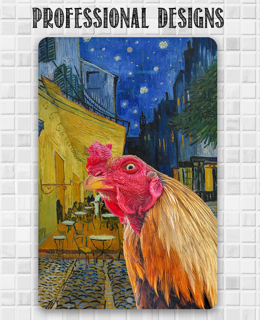 Café Terrace at Night Painting - Interrupted by Rooster - Metal Sign Metal Sign Lone Star Art