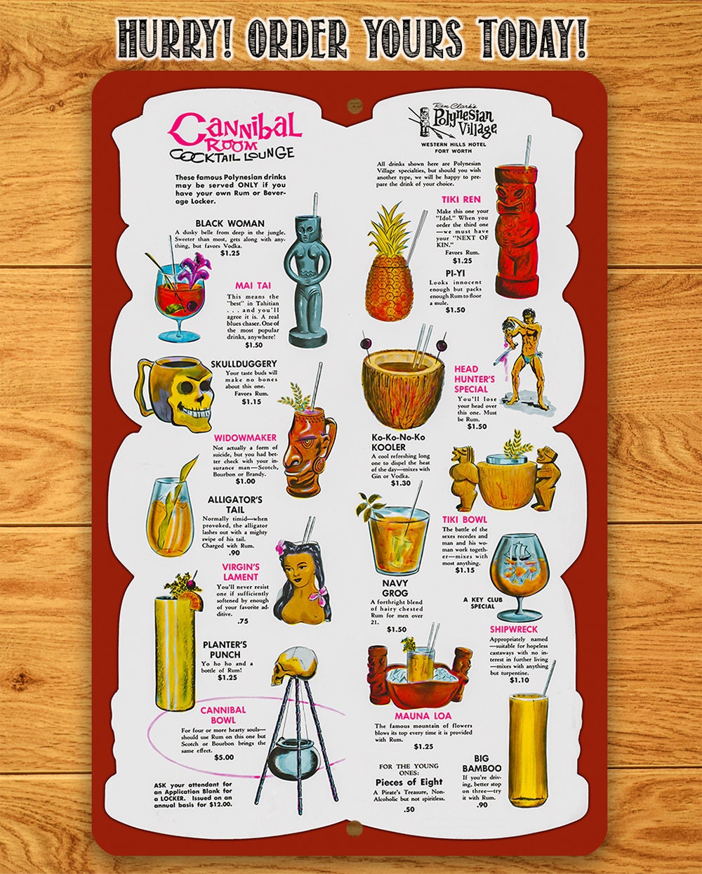 Cannibal Room Cocktail Lounge Drink Menu - Metal Sign Metal Sign Lone Star Art