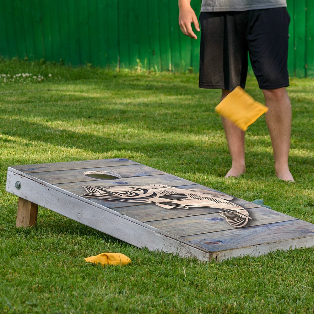 Cornhole Wraps for Boards Vinyl Decals(Set of 2)-25+ Designs Corn Hole Bean Bag Toss Wrap Sticker Skin (Boards Not Included)(Bass Fish Jump)