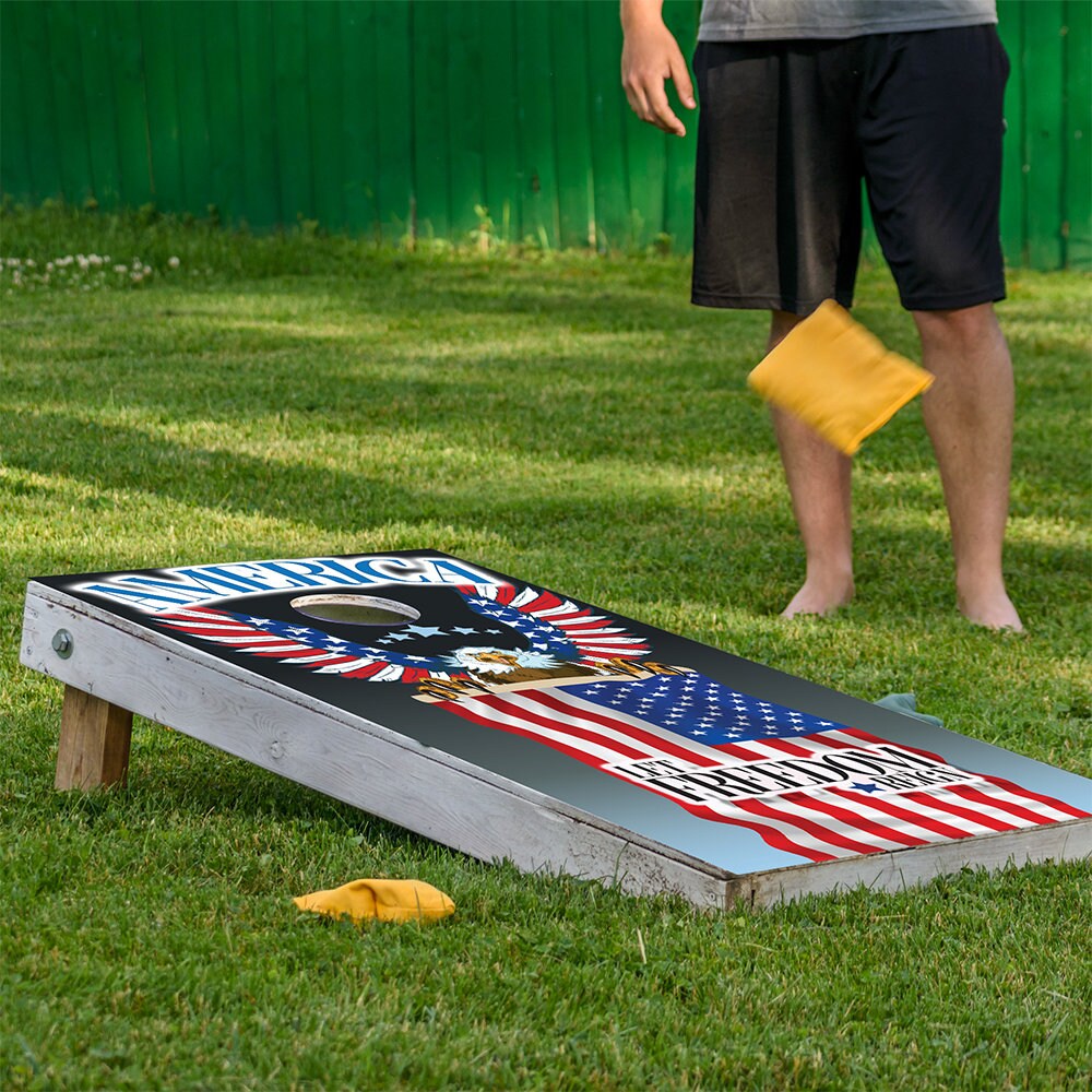 Cornhole Wraps for Boards Vinyl Decals Set of 2- 25+ Designs Corn Hole Bean Bag Toss Wrap Stickers Skins (Boards Not Included)Eagle and Flag