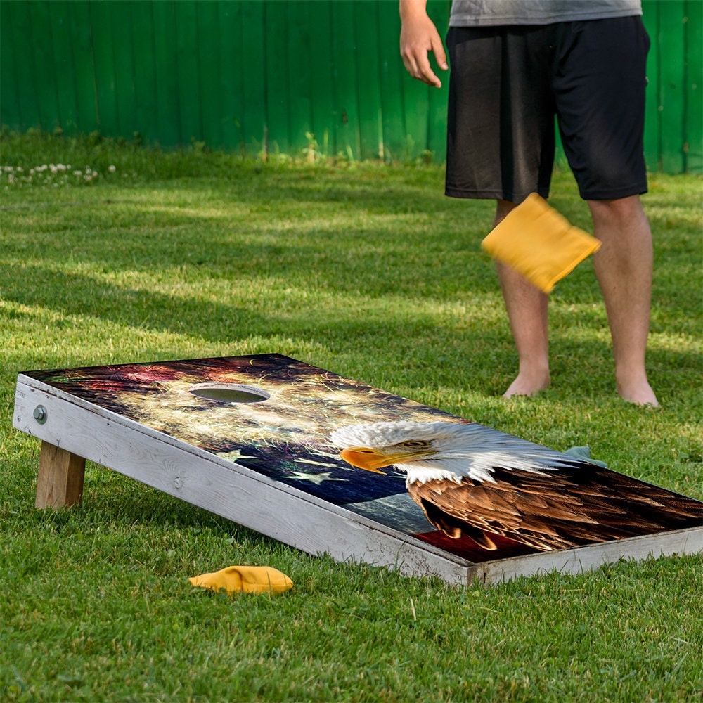 Cornhole Wrap for Board Vinyl Decals (Set of 2) - 25+ Designs Corn Hole Bean Bag Toss Wrap Stickers Boards Not Included Eagle Flag Fireworks