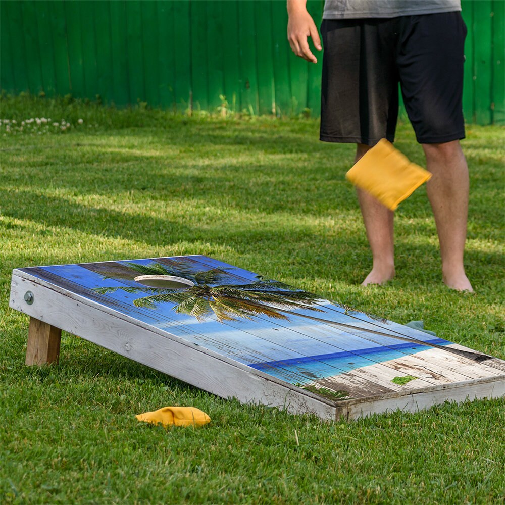 Cornhole Wraps for Boards Vinyl Decals Set of 2 Sand and Blue Sky - 25+ Designs Corn Hole Bean Bag Toss Stickers Skins Boards Not Included