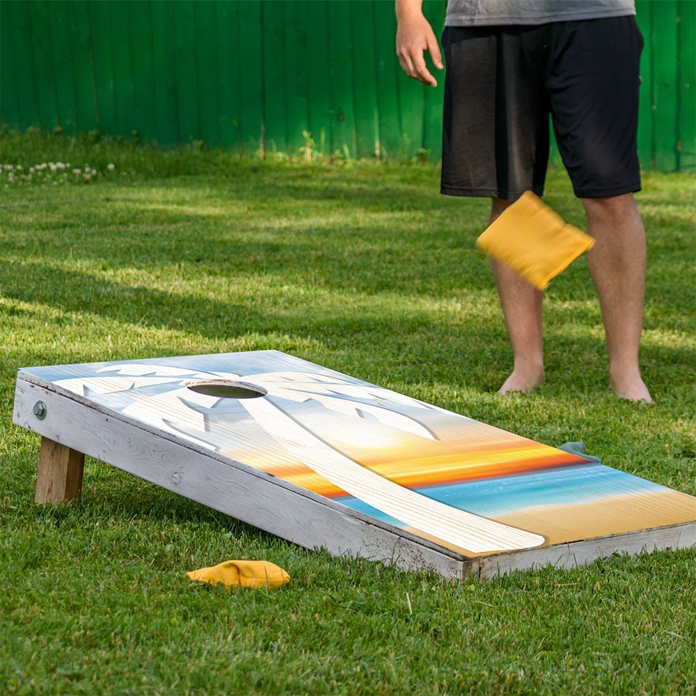 Cornhole Board Wraps and Decal for Board Set of 2 Skins Professional Vinyl Covers Sticker - Palm on Beach, Summer Vacation Lakehouse Decal