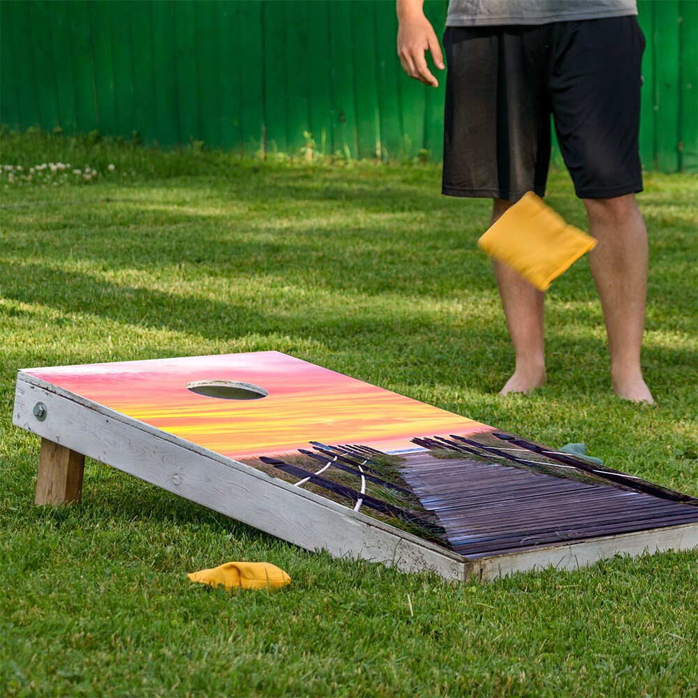 Cornhole Board Wraps and Decals for Boards Set of 2 Skins Professional Vinyl Covers Sticker - Pier at Sunrise Summer Beach House Fun Decal