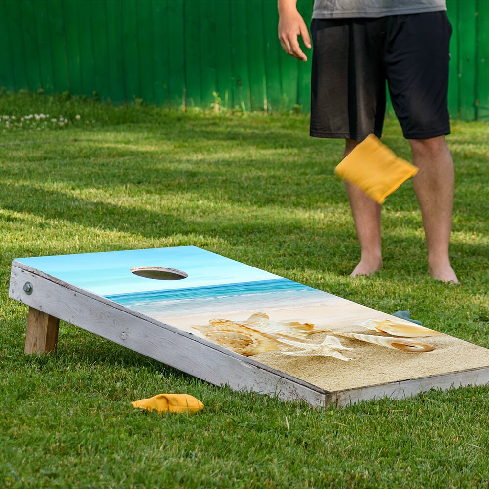 Cornhole Board Wraps and Decals for Boards Set of 2 Skins Professional Vinyl Covers Sticker- Shells on Beach Summer Fun Vacation House Decal