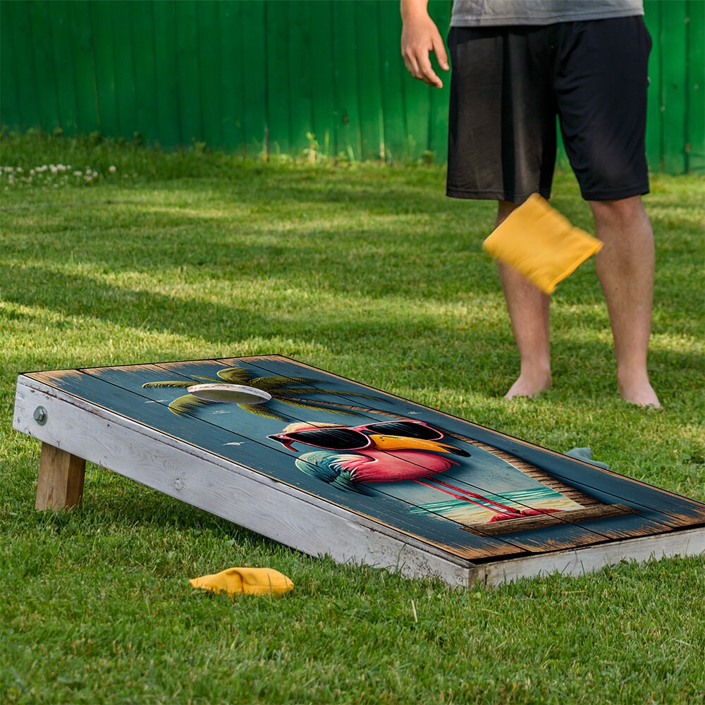 Cornhole Board Wraps and Decals for Boards Set of 2 Skins Professional Vinyl Covers Sticker - Life's a Beach Flamingo Decal