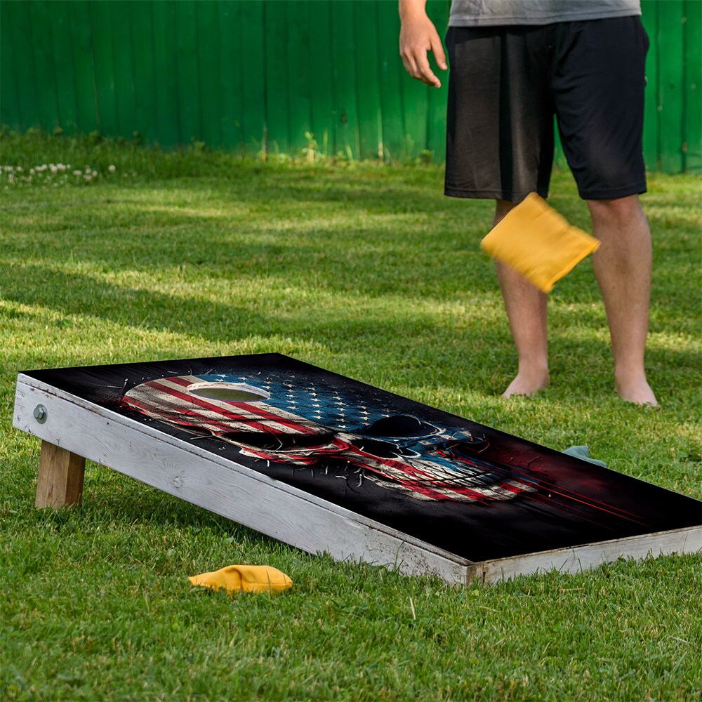 Cornhole Board Wraps and Decals for Boards Set of 2 Skins Professional Vinyl Covers Sticker - Patriotic Skull American Flag Art Decal