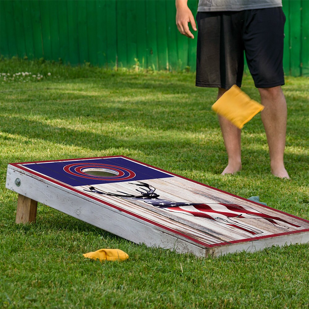 Cornhole Board Wraps and Decals for Boards Set of 2 Skins Professional Vinyl Covers Sticker - Elk Hunting American Flag Art Decal