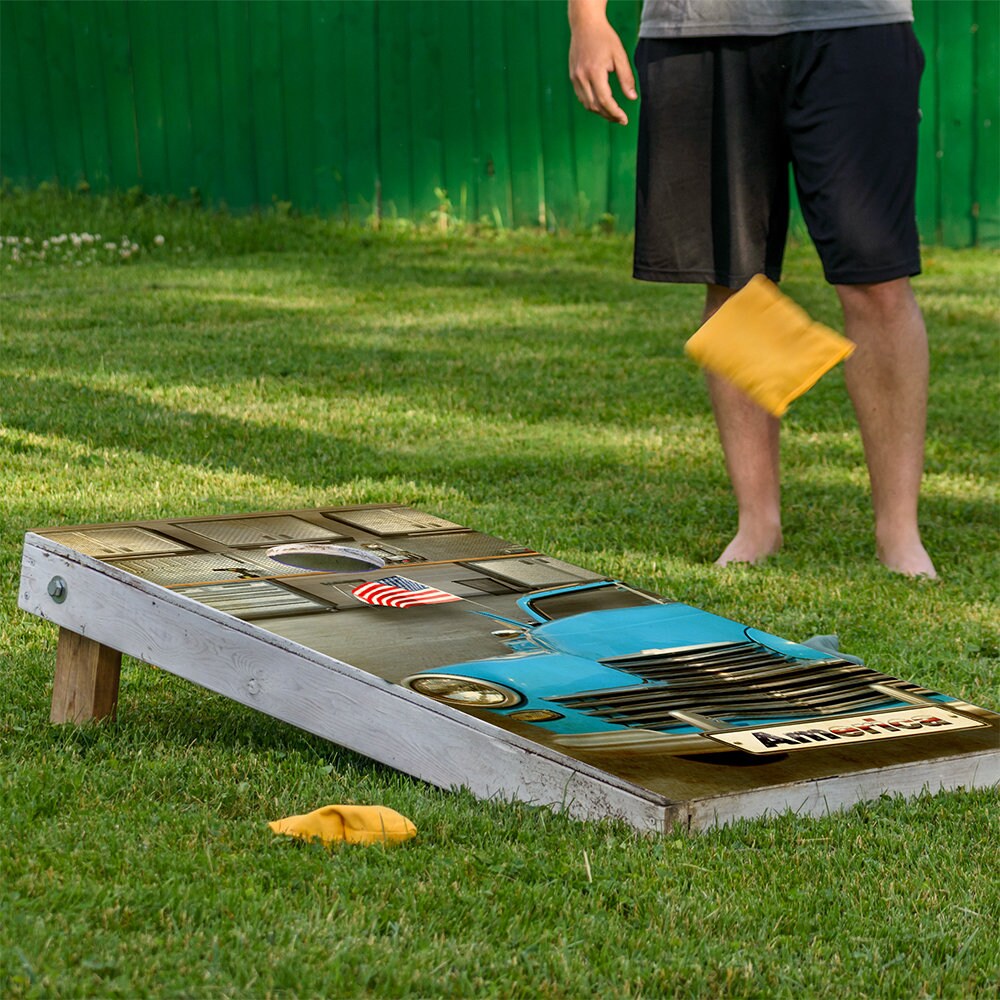 Cornhole Wraps for Boards Vinyl Decals Set of 2 Classic Blue Car-25+ Designs Corn Hole Bean Bag Toss Wrap Stickers Skins Boards Not Included