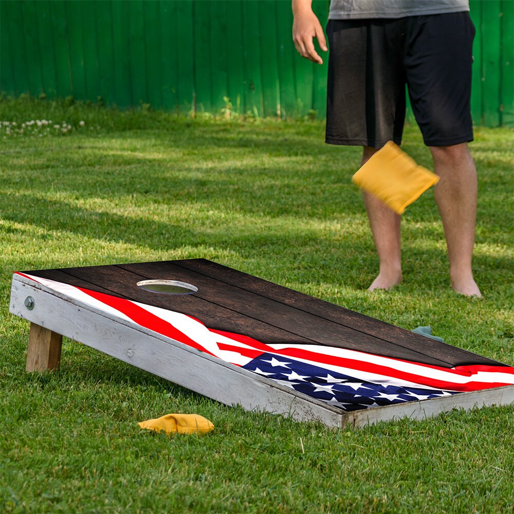 Set of 2 Corn Hole Decal, Flag on Dark Wood Board Wrap, Professional Vinyl Cover Sticker, More Designs to Choose From This Shop