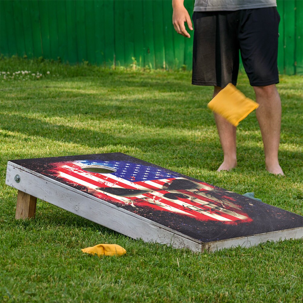Cornhole Wraps for Boards Vinyl Decals (Set of 2) - 25+ Corn Hole Bean Bag Toss Wrap Stickers Skins (Boards Not Included) (Flag Skull)
