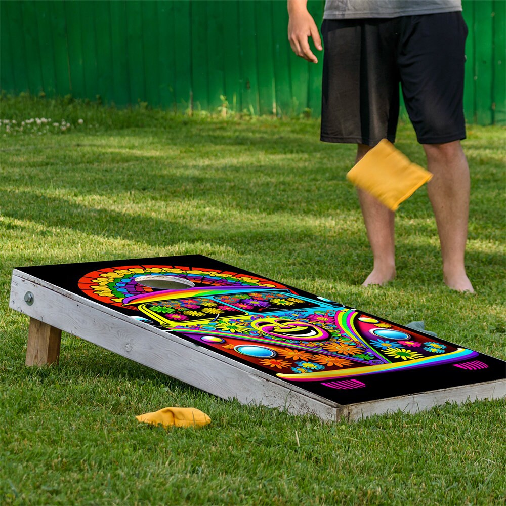 Cornhole Board Wraps and Decals for Boards Set of 2 Skins Professional Vinyl Covers Sticker - Hippie Van Colorful Art Decal