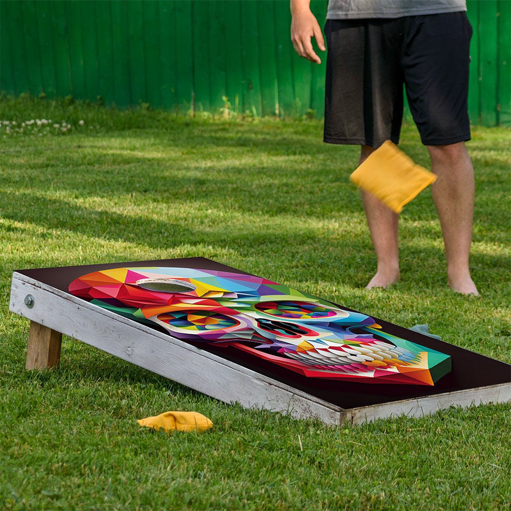Cornhole Board Wraps and Decals for Boards Set of 2 Skins Professional Vinyl Covers Sticker - Rainbow Skulls Colorful Art Decal