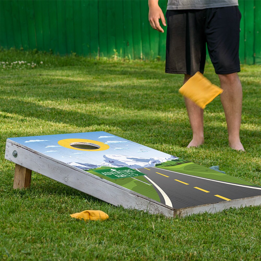 Cornhole Board Wraps and Decals for Boards Set of 2 Skins Professional Vinyl Covers Sticker-Scenic Road Mountain View Adventure Awaits Decal