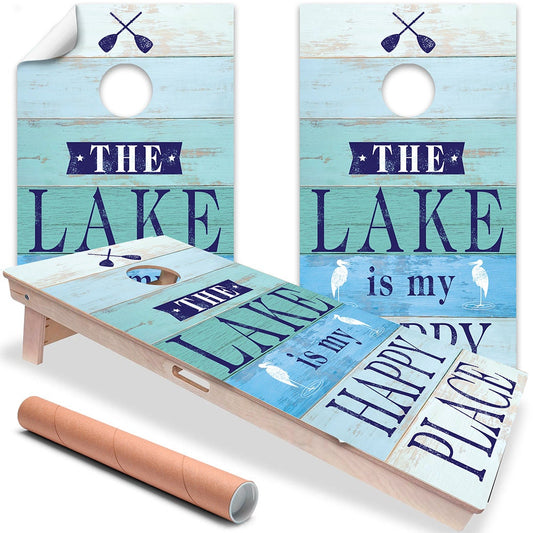 Cornhole Board Wraps and Decals for Boards Set of 2 Skins Professional Vinyl Covers Sticker - The Lake is My Happy Place Tailgating Decal