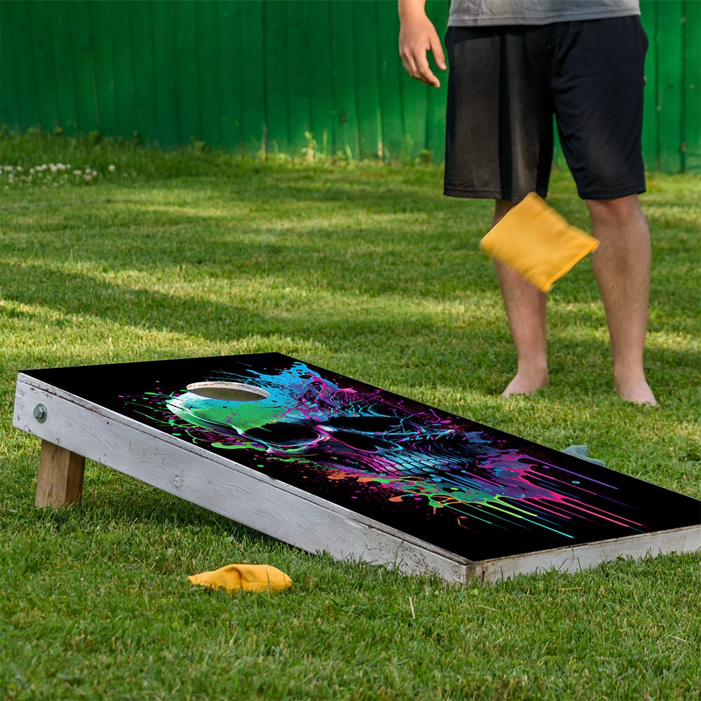 Cornhole Board Wraps and Decals for Boards Set of 2 Skins Professional Vinyl Covers Sticker - Neon Splatter Paint Skull Gothic Art Decal