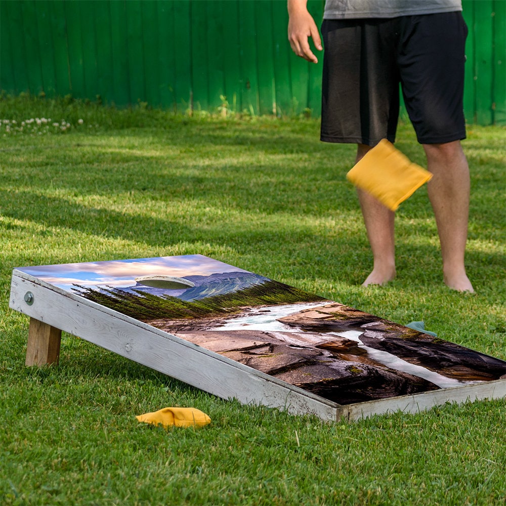 Cornhole Board Wraps and Decals for Boards Set of 2 Skins Professional Vinyl Covers Sticker- Scenic Mountain Road Cabin Vacation House Decal