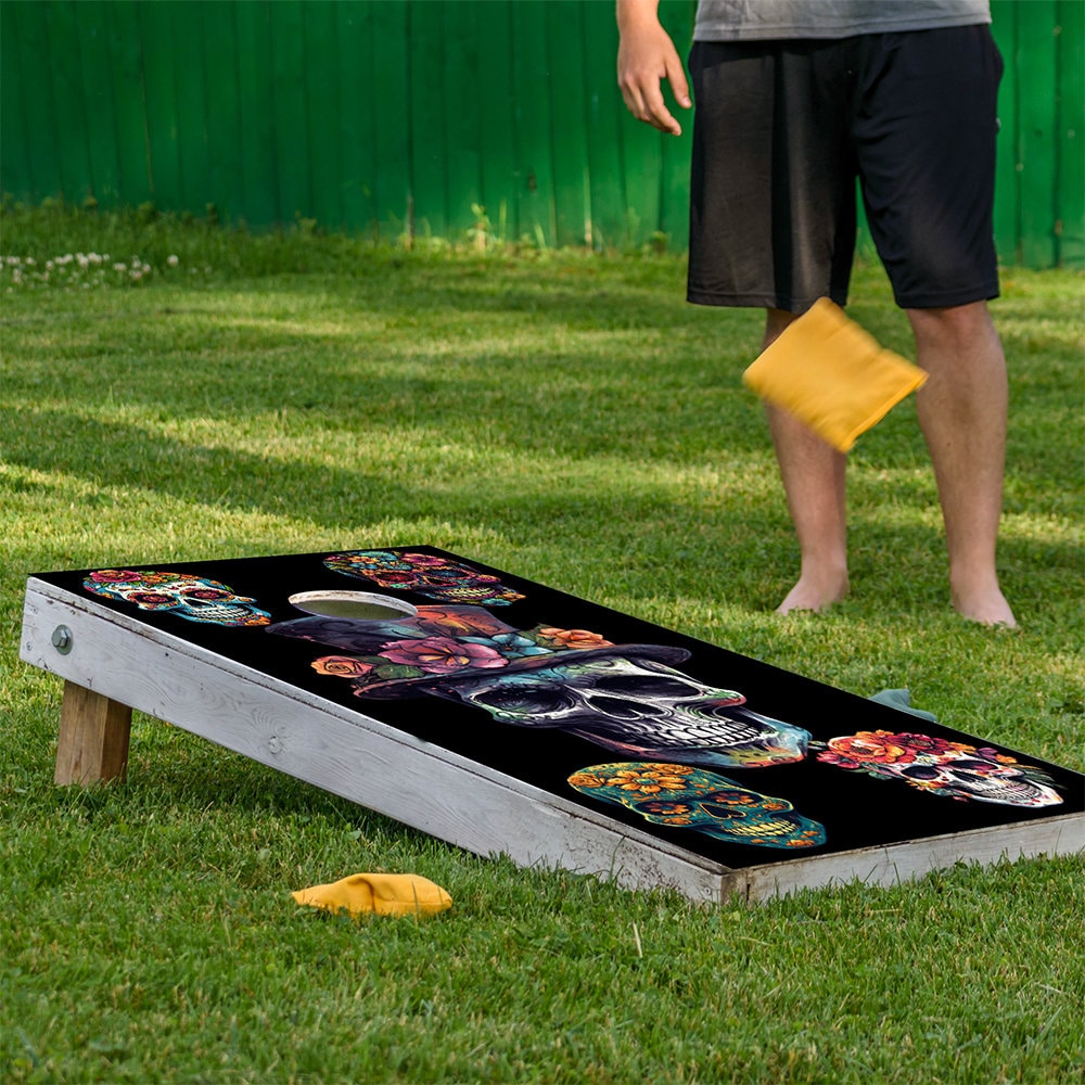 Set of 2 Corn Hole Decal Sugar Skulls Day of The Dead Halloween Cornhole Wrap,Professional Vinyl Cover Sticker,More to Choose From This Shop