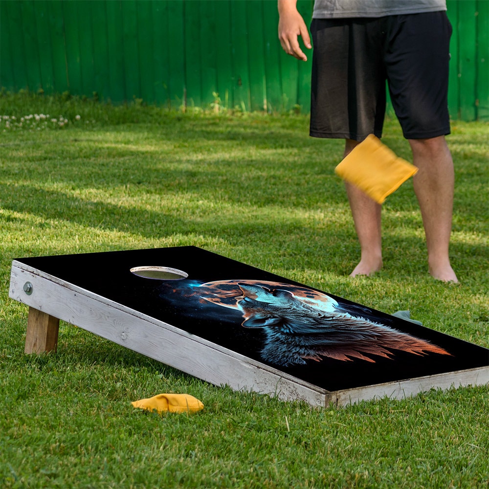 Cornhole Board Wraps and Decals for Boards Set of 2 Skins Professional Vinyl Covers Sticker - Howling Wolf Art Decal