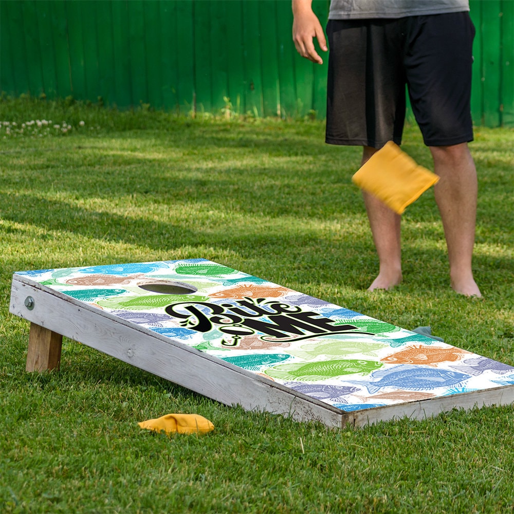 Set of 2 Corn Hole Decal, Bite Me Fishing Beach House Cornhole Board Wrap, Professional Vinyl Cover Sticker, More Designs to Choose From