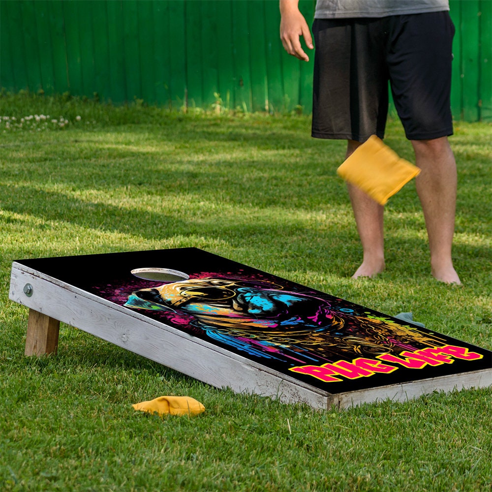 Cornhole Board Wraps and Decals for Boards Set of 2 Skins Professional Vinyl Covers Sticker - Pug Life Dog Lovers Graffiti Art Decal