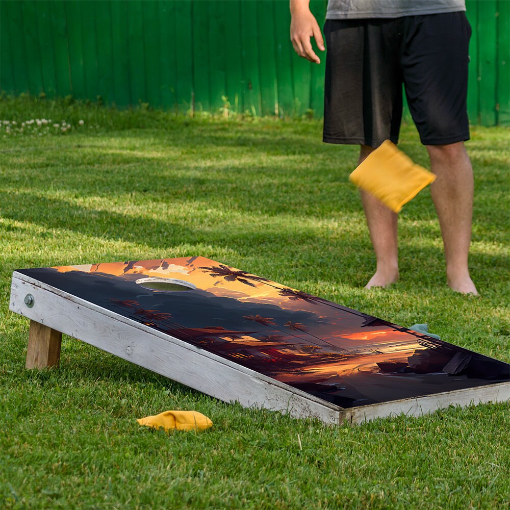 Cornhole Board Wraps and Decals for Boards Set of 2 Skins Professional Vinyl Covers Sticker - Tropical Sunset Painting Beach House Fun Decal