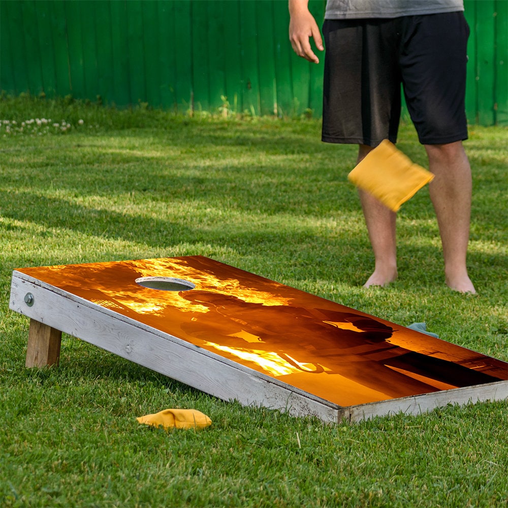 Cornhole Board Wraps and Decals for Boards Set of 2 Skins Professional Vinyl Covers Sticker - Fire Hero and Flames Fire Department Decal