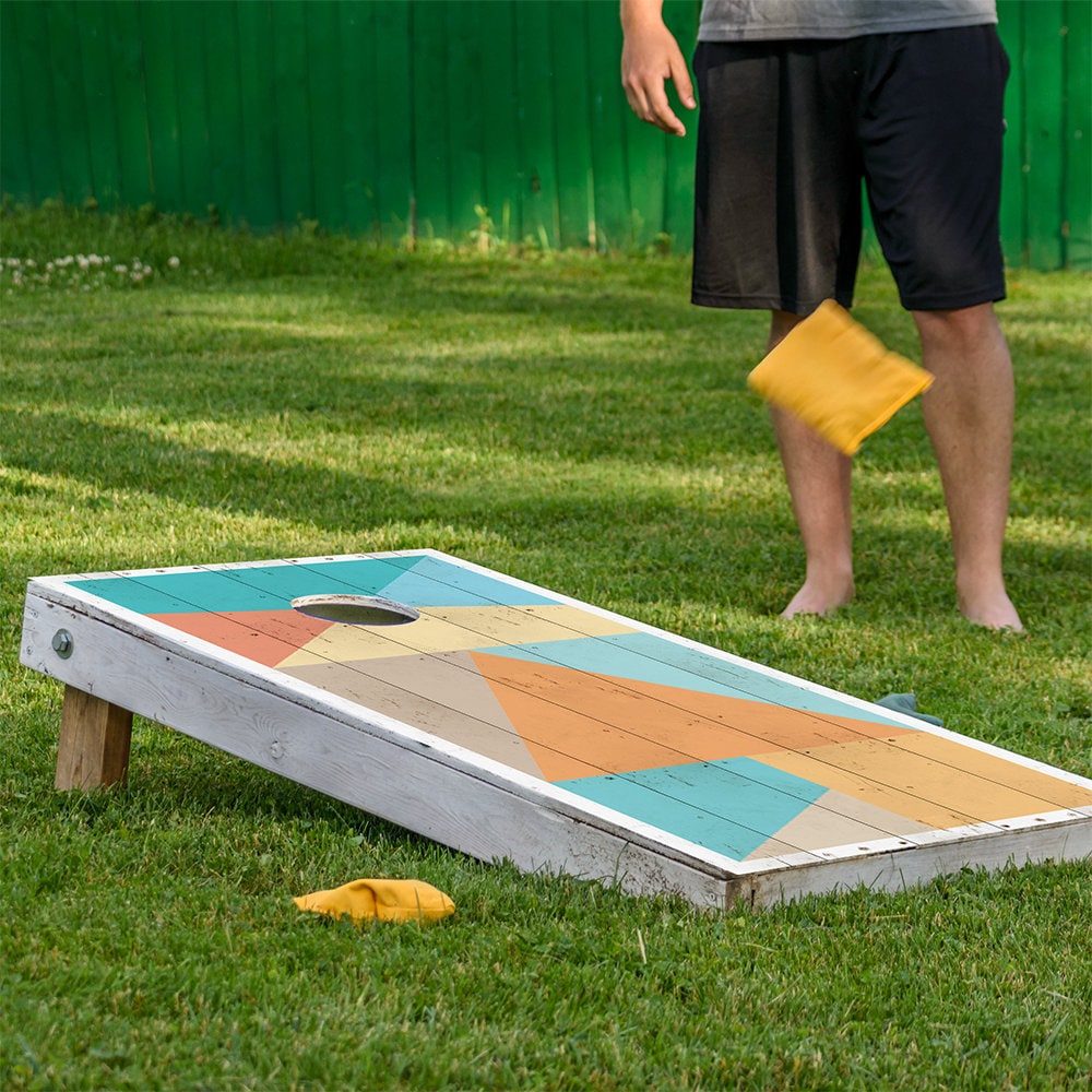 Cornhole Board Wraps and Decals for Boards Set of 2 Skins Professional Vinyl Covers Sticker - Minimalist Geometric Shapes Wooden Style Decal