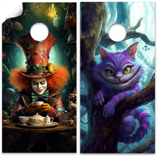 Cornhole Board Wraps and Decals for Boards Set of 2 Skins Professional Vinyl Cover Sticker-Mad Hatter Cheshire Cat Alice in Wonderland Decal