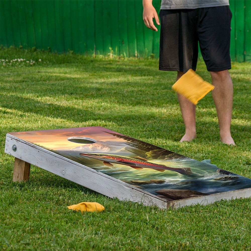 Cornhole Board Wrap and Decals for Boards Set of 2 Skins Professional Vinyl Covers Sticker Camping and Blue Lake Fishing Themed Design Decal