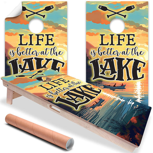 Cornhole Board Wraps and Decals for Boards Set of 2 Skins Professional Vinyl Covers Sticker -Life is Better at the Lake Fishing Themed Decal