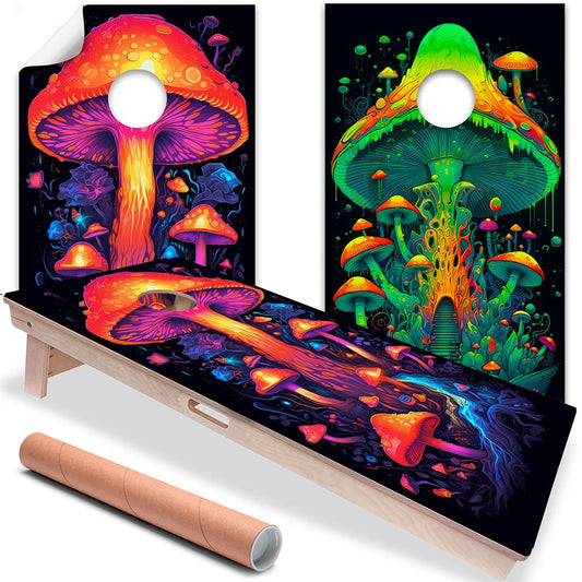Cornhole Board Wraps and Decals for Boards Set of 2 Skins Professional Vinyl Covers Sticker - Vibrant Mycologist Mushroom Art Decal