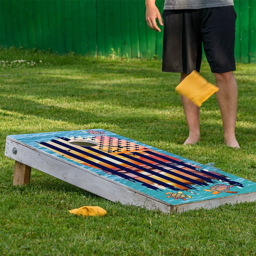 Cornhole Board Wraps and Decals for Boards Set of 2 Skins Professional Vinyl Sticker - Sunset Sea Turtle and American Flag Beach House Decal