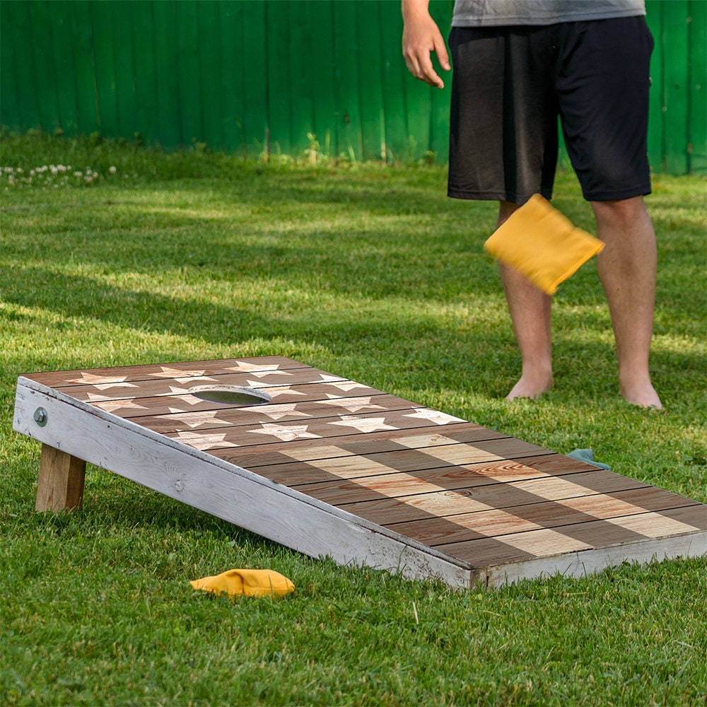 Set of 2 Cornhole Wraps for Board Vinyl Decals - Bean Bag Toss Wrap Stickers Skins Board Not Included Brown Stars & Stripes American Flag