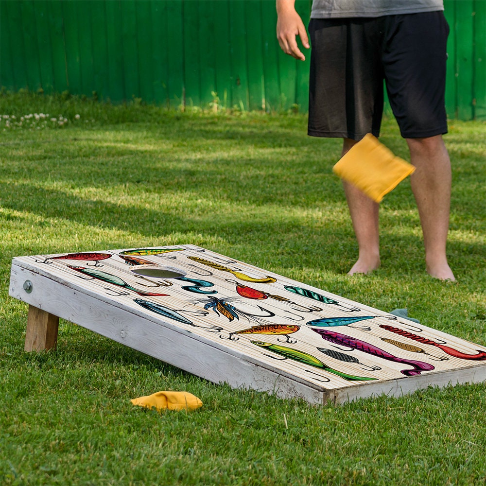 Cornhole Board Wraps and Decals for Boards Set of 2 Skins Professional Vinyl Covers Sticker - Vintage Style Fishing Lures Art Decal