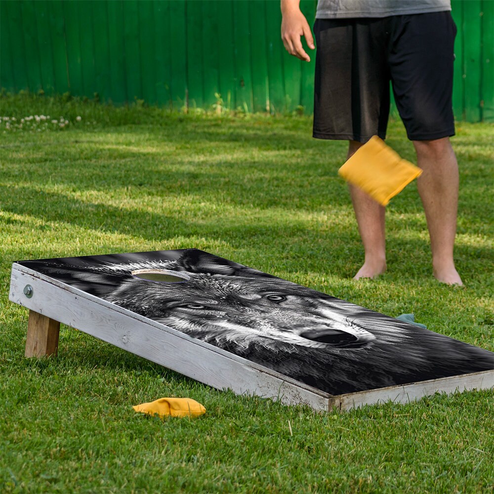 Cornhole Board Wraps and Decals for Boards Set of 2 Skins Professional Vinyl Sticker - Black and White Wolves Portrait House Decal